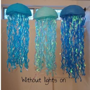 Set of three multi color hanging paper jellyfish lamps, fairy lights, 28" x 10"